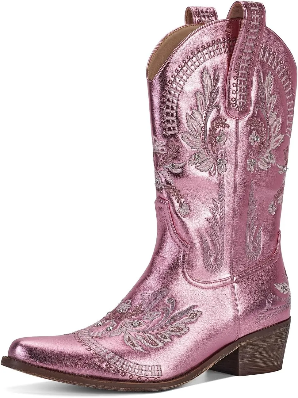 STALOV Short Cowgirl Boots for Women Embroidered Cowboy Ankle Boots,Pointed Toe Low Chunky Heel Pull On Western Stitched Boots