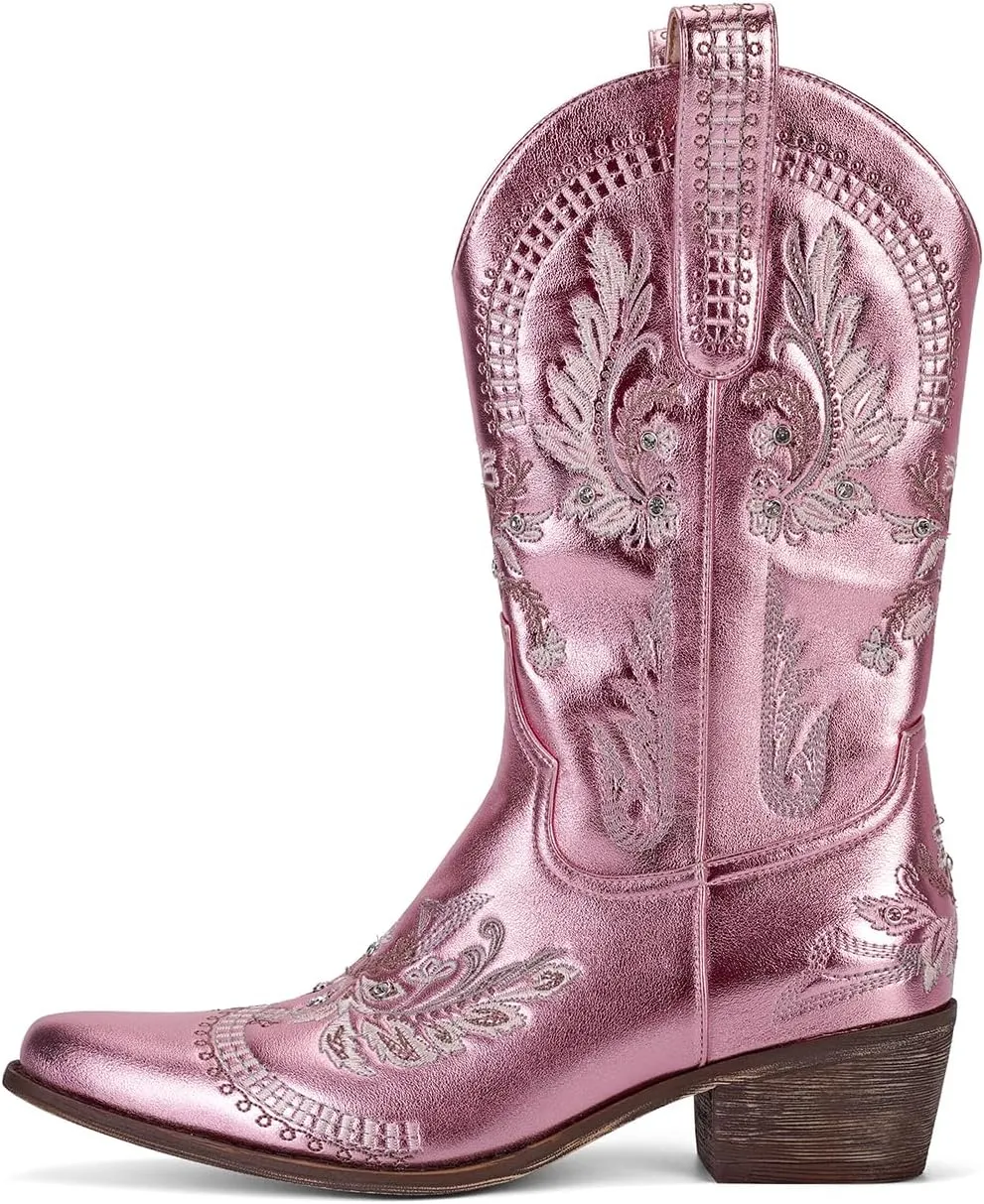 STALOV Short Cowgirl Boots for Women Embroidered Cowboy Ankle Boots,Pointed Toe Low Chunky Heel Pull On Western Stitched Boots