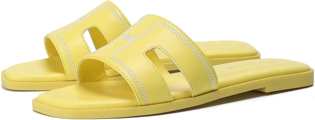 Stratuxx Kaze Womens Flat Sandals Dressy Summer Slide Leather Sandals Comfortable Cute Black Summer Slides for Women