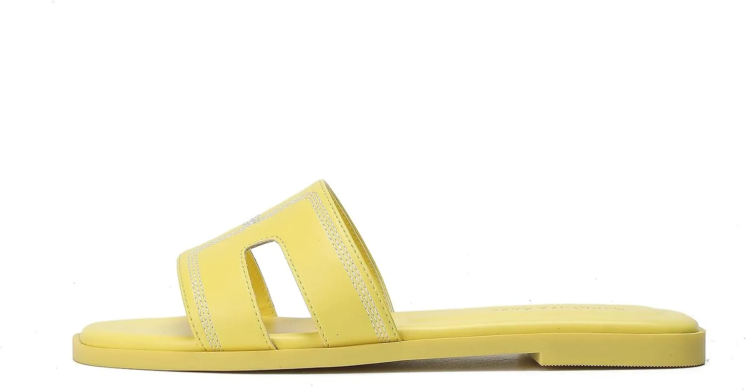 Stratuxx Kaze Womens Flat Sandals Dressy Summer Slide Leather Sandals Comfortable Cute Black Summer Slides for Women
