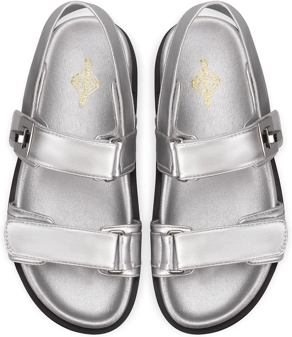 STUNAHOME Women's Flat Platform Sandals Adjustable Double Strap Slip on Leather Open Toe Footbed Sandals