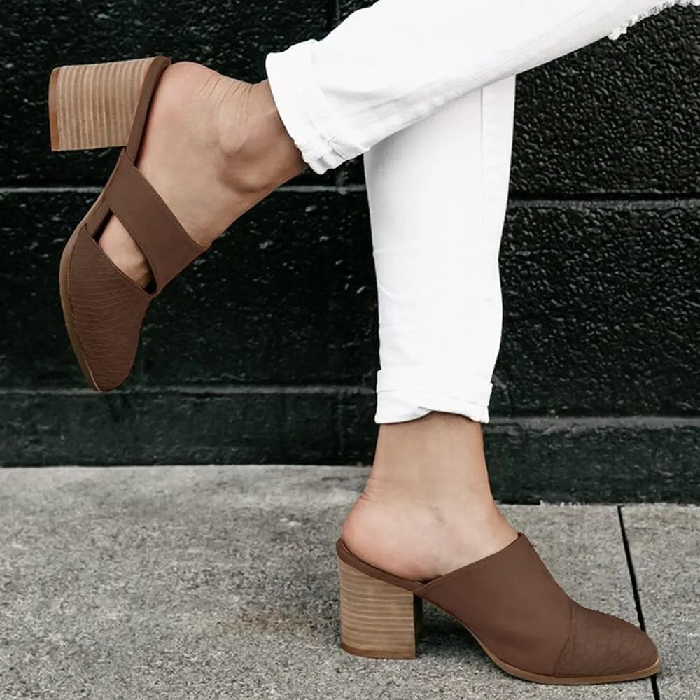 Syktkmx Women's Cutout Backless Mules Slip On Closed Toe Chunky Stacked Heeled Sandals