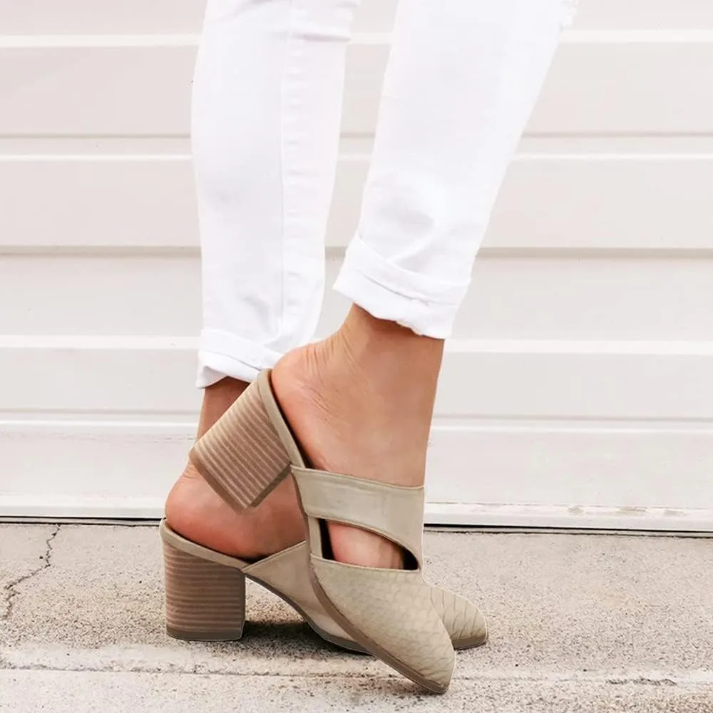 Syktkmx Women's Cutout Backless Mules Slip On Closed Toe Chunky Stacked Heeled Sandals