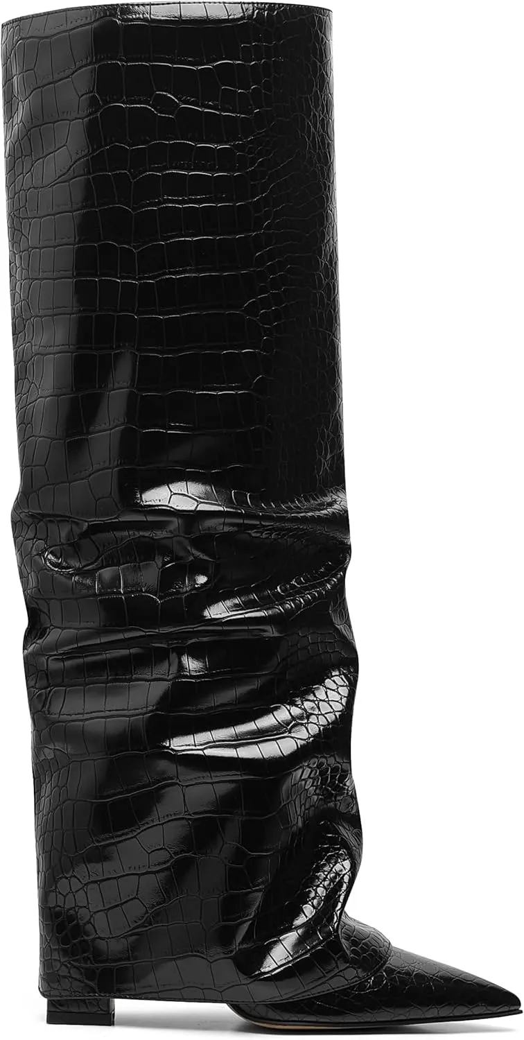 Synchoiss Womens Knee High Boots Wide Calf Chunky High Heel Boots Fashion Fold Over Leather Boots Pointed Toe Rubber Sole Winter Fall Boots Tall Boots for Women Pull on Trendy