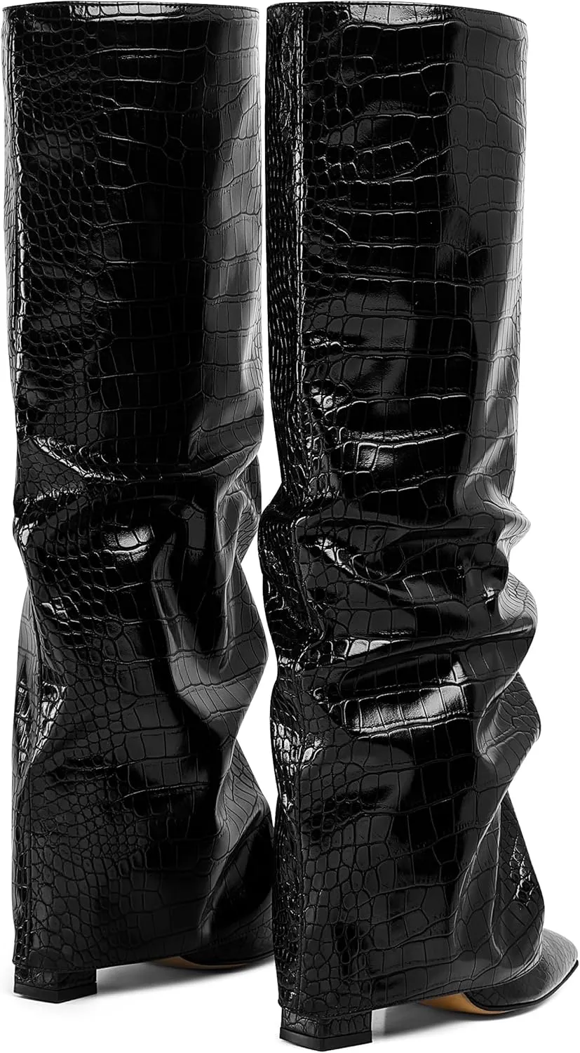 Synchoiss Womens Knee High Boots Wide Calf Chunky High Heel Boots Fashion Fold Over Leather Boots Pointed Toe Rubber Sole Winter Fall Boots Tall Boots for Women Pull on Trendy