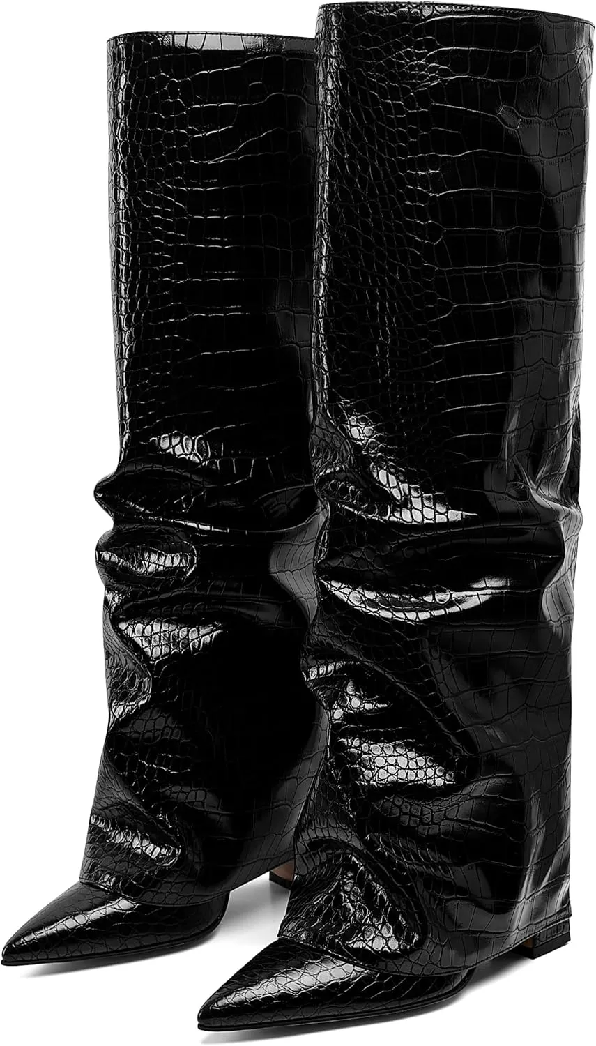 Synchoiss Womens Knee High Boots Wide Calf Chunky High Heel Boots Fashion Fold Over Leather Boots Pointed Toe Rubber Sole Winter Fall Boots Tall Boots for Women Pull on Trendy