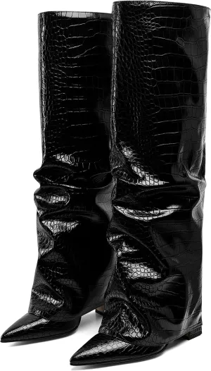Synchoiss Womens Knee High Boots Wide Calf Chunky High Heel Boots Fashion Fold Over Leather Boots Pointed Toe Rubber Sole Winter Fall Boots Tall Boots for Women Pull on Trendy