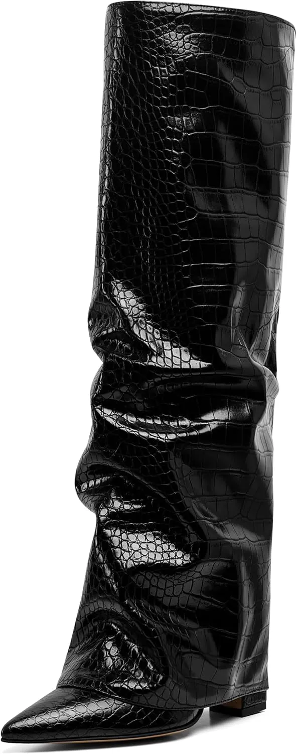 Synchoiss Womens Knee High Boots Wide Calf Chunky High Heel Boots Fashion Fold Over Leather Boots Pointed Toe Rubber Sole Winter Fall Boots Tall Boots for Women Pull on Trendy