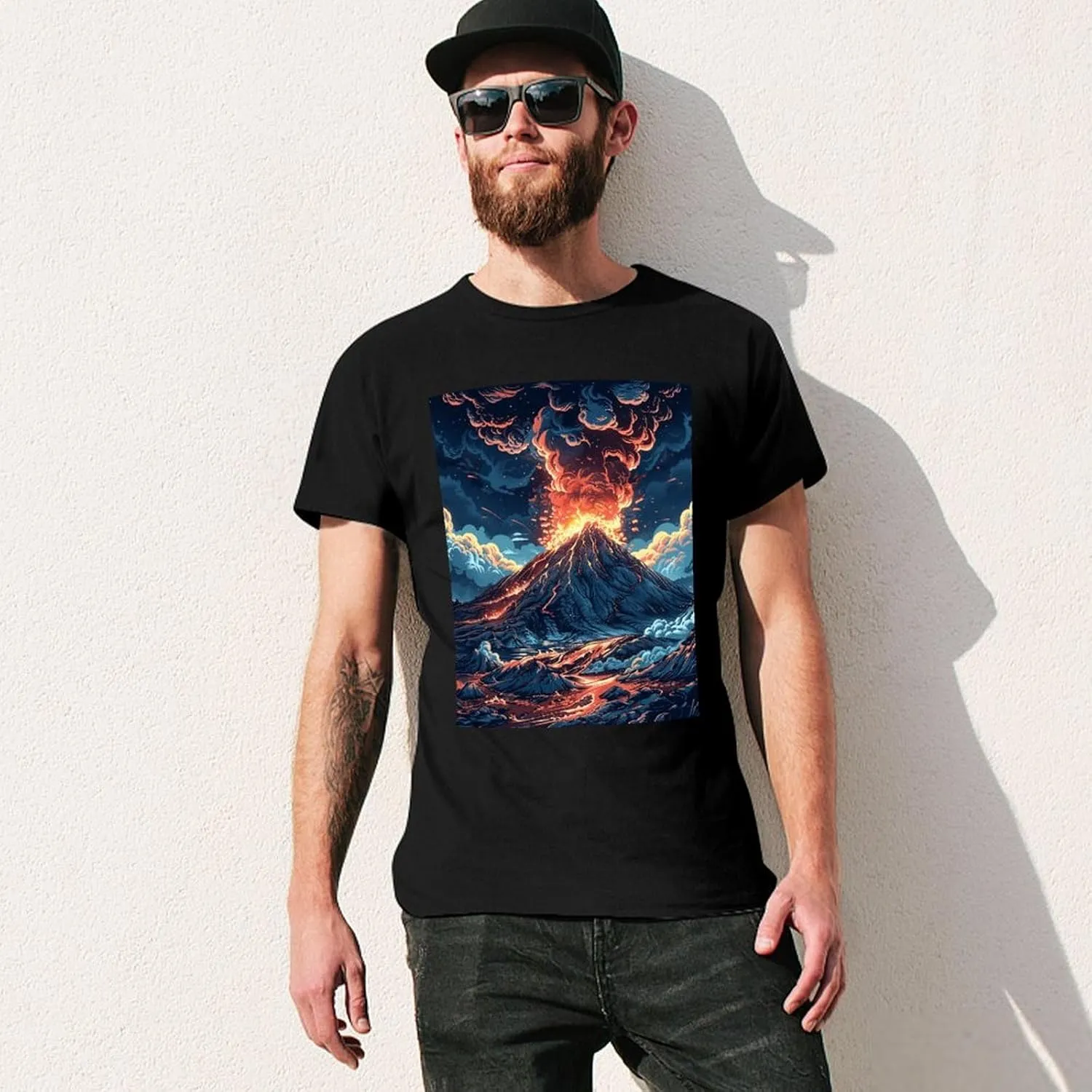 T Shirts Depicts A Volcano Short Sleeve for Men Crewneck Tees Trendy Lightweight Casual Summer Tees Black