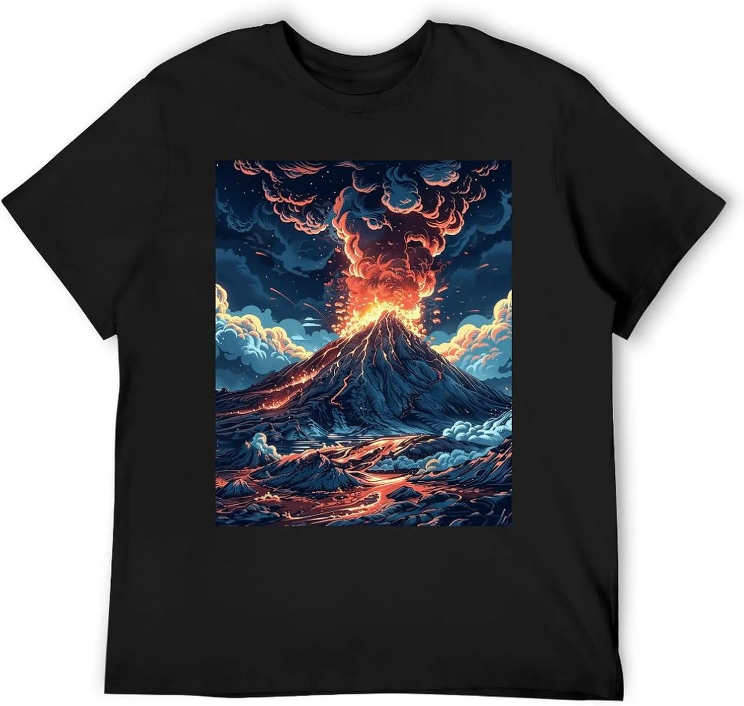 T Shirts Depicts A Volcano Short Sleeve for Men Crewneck Tees Trendy Lightweight Casual Summer Tees Black