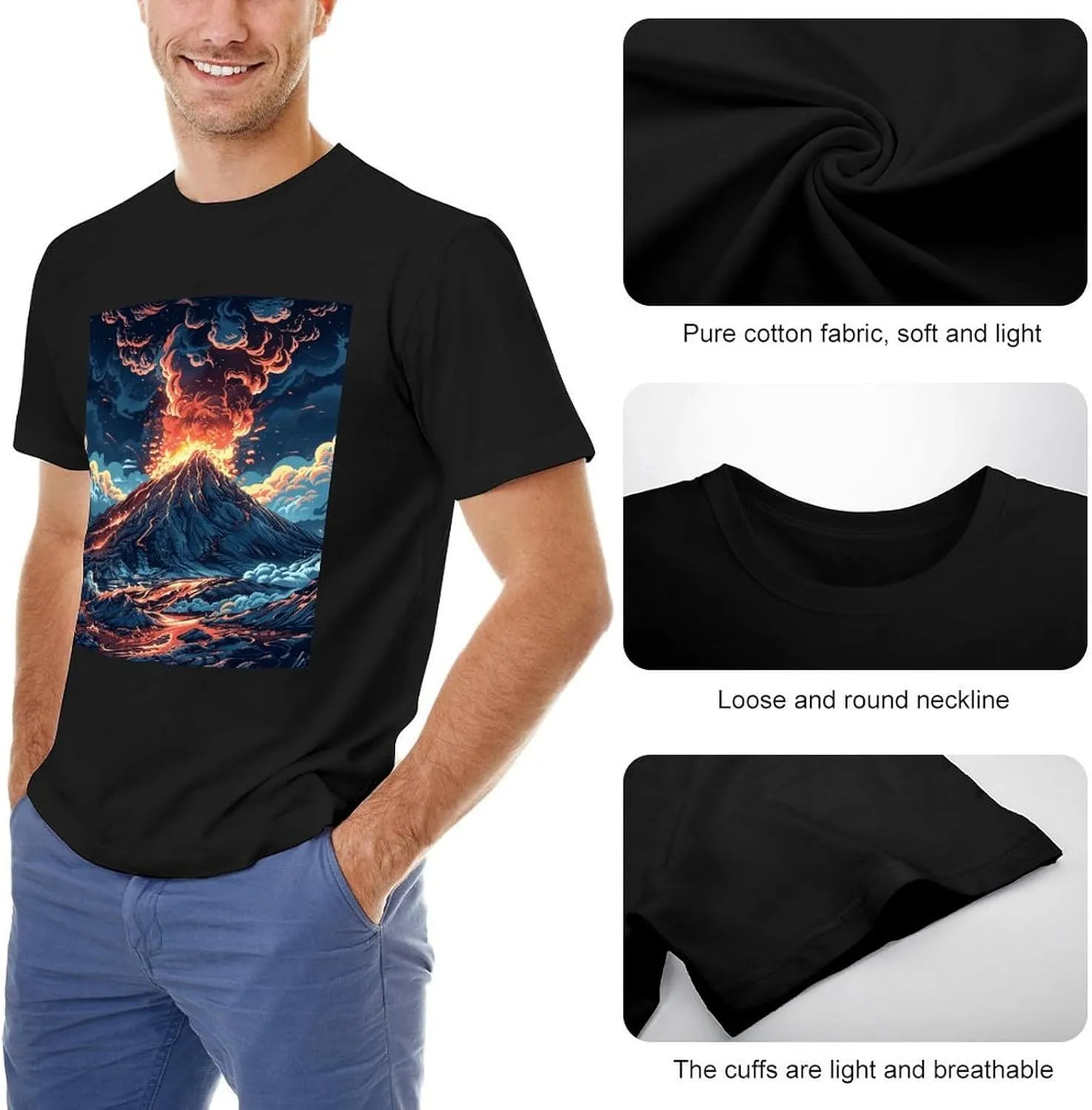 T Shirts Depicts A Volcano Short Sleeve for Men Crewneck Tees Trendy Lightweight Casual Summer Tees Black