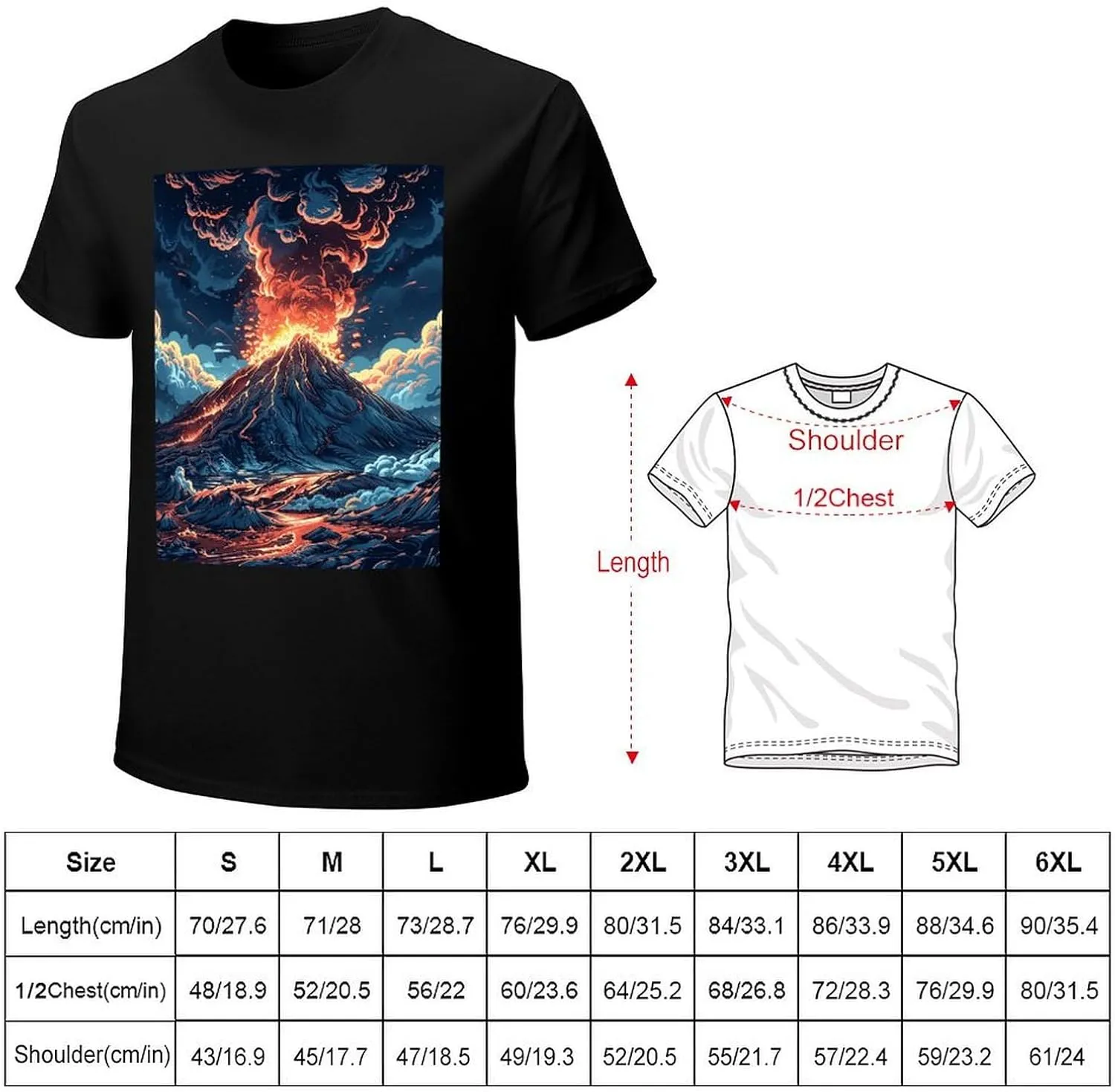 T Shirts Depicts A Volcano Short Sleeve for Men Crewneck Tees Trendy Lightweight Casual Summer Tees Black