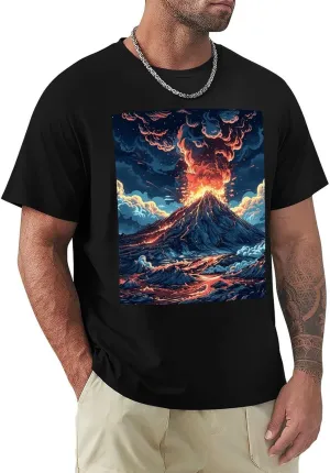T Shirts Depicts A Volcano Short Sleeve for Men Crewneck Tees Trendy Lightweight Casual Summer Tees Black