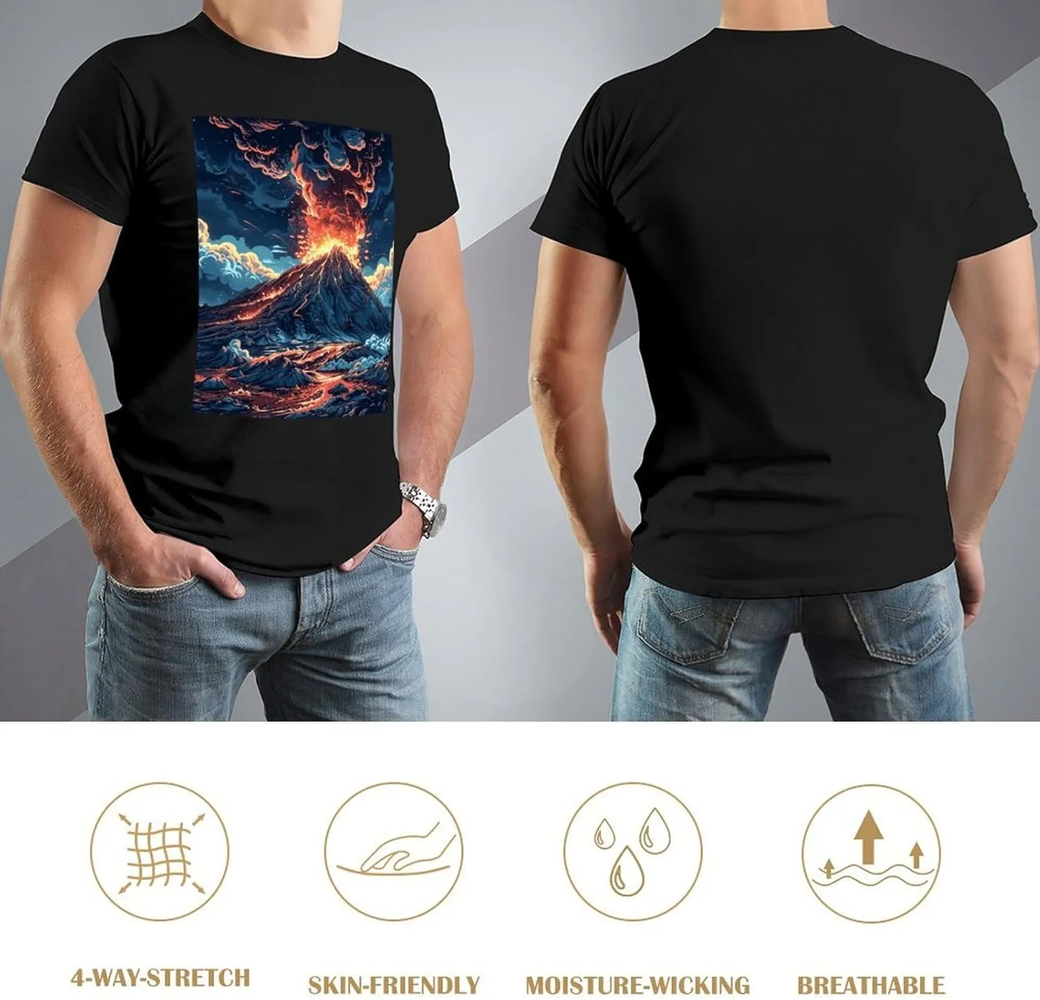 T Shirts Depicts A Volcano Short Sleeve for Men Crewneck Tees Trendy Lightweight Casual Summer Tees Black