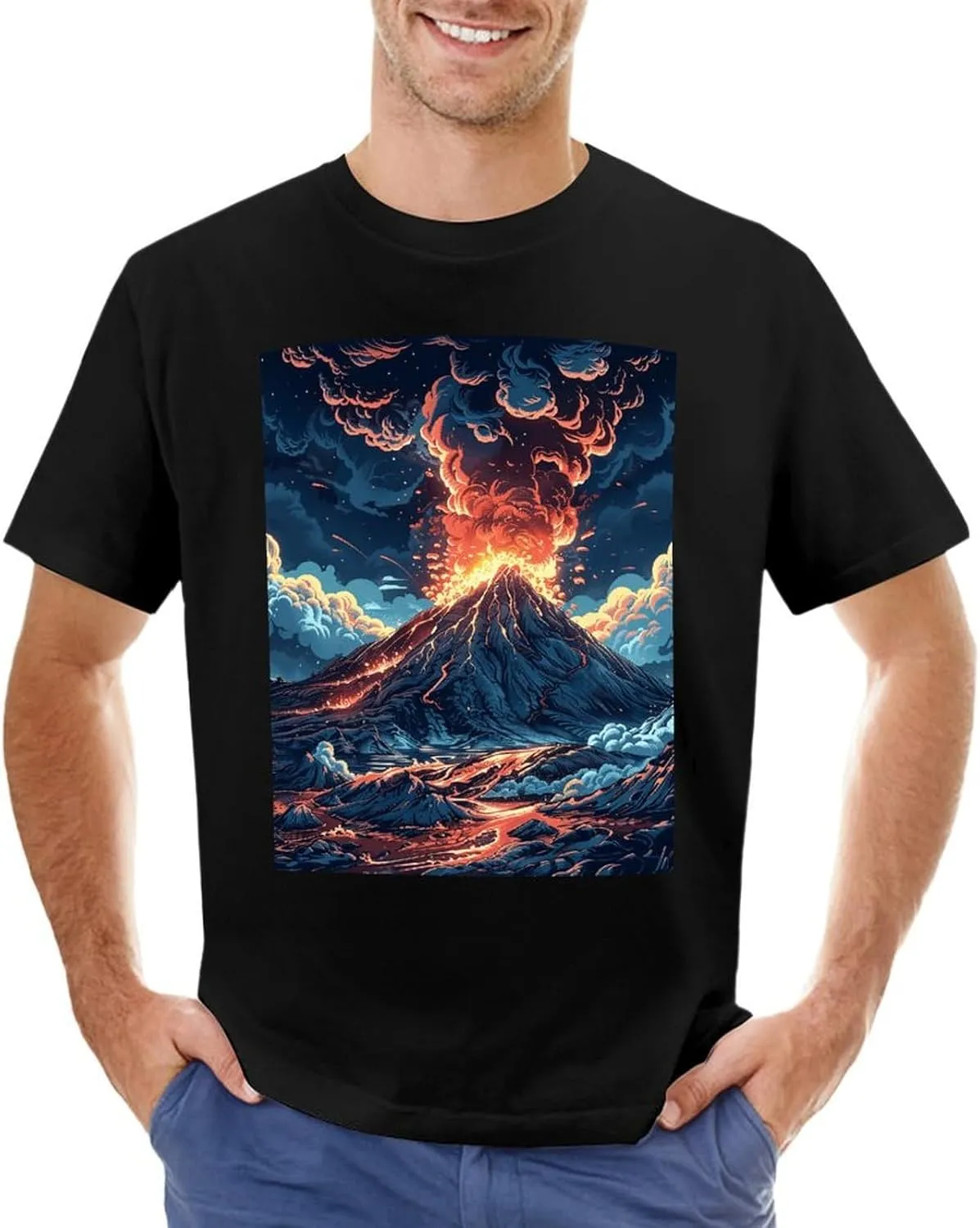 T Shirts Depicts A Volcano Short Sleeve for Men Crewneck Tees Trendy Lightweight Casual Summer Tees Black