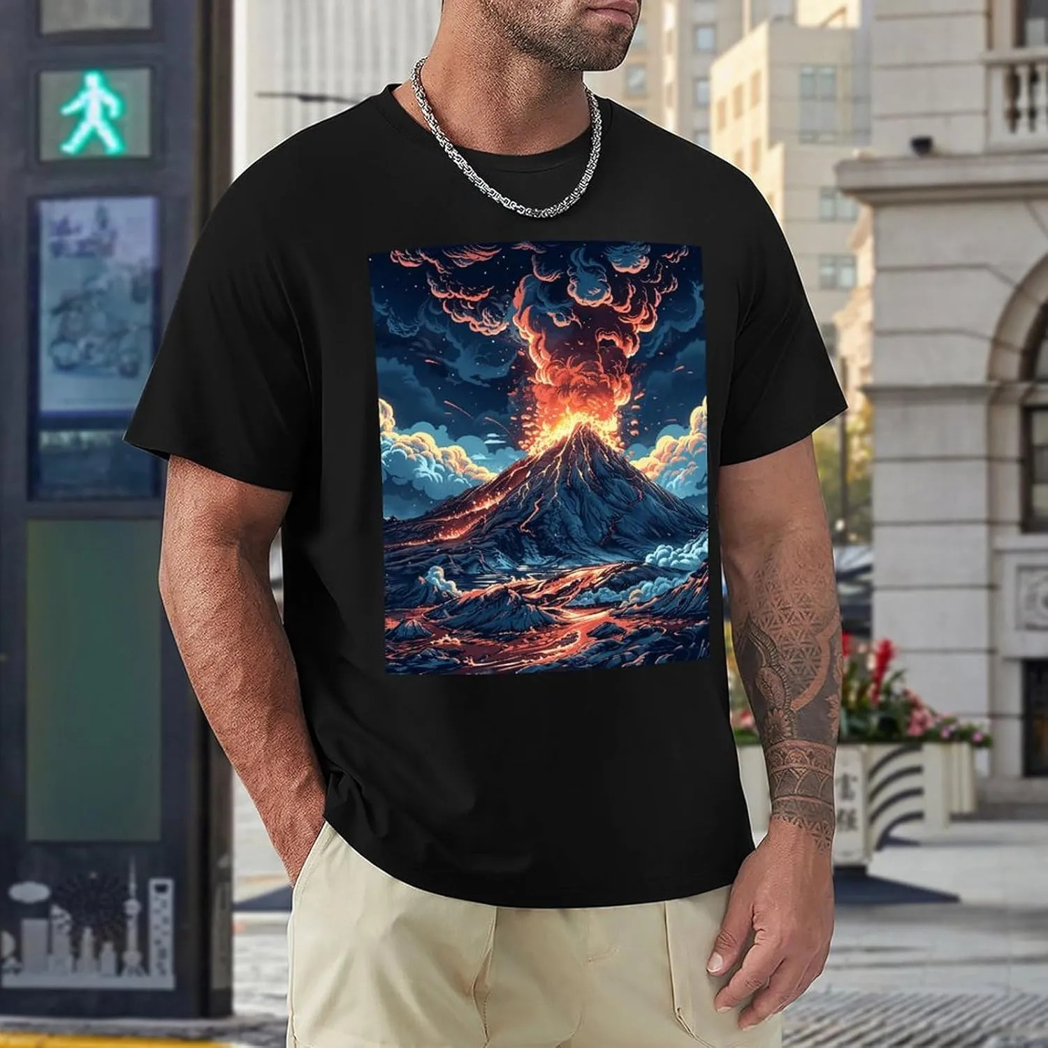 T Shirts Depicts A Volcano Short Sleeve for Men Crewneck Tees Trendy Lightweight Casual Summer Tees Black