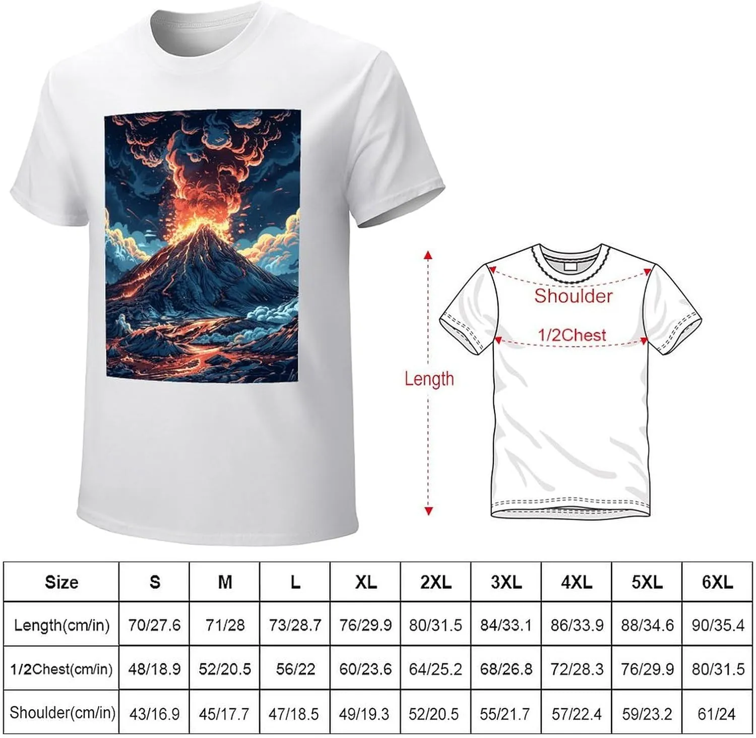 T Shirts Depicts A Volcano Short Sleeve for Men Crewneck Tees Trendy Lightweight Casual Summer Tees White