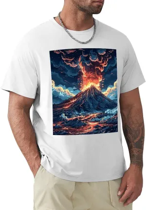 T Shirts Depicts A Volcano Short Sleeve for Men Crewneck Tees Trendy Lightweight Casual Summer Tees White