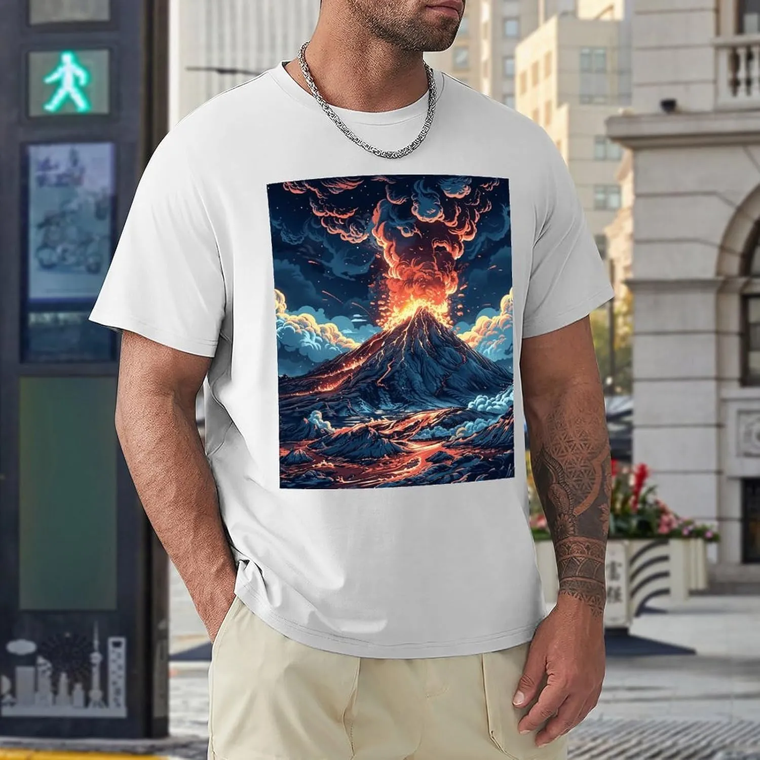 T Shirts Depicts A Volcano Short Sleeve for Men Crewneck Tees Trendy Lightweight Casual Summer Tees White