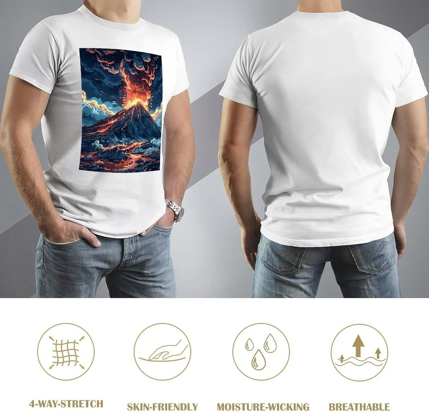 T Shirts Depicts A Volcano Short Sleeve for Men Crewneck Tees Trendy Lightweight Casual Summer Tees White