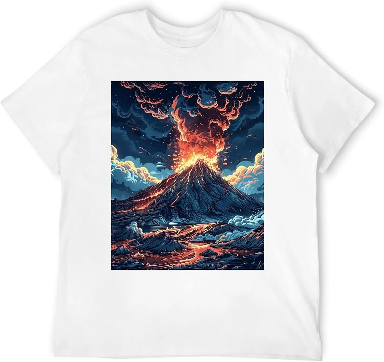 T Shirts Depicts A Volcano Short Sleeve for Men Crewneck Tees Trendy Lightweight Casual Summer Tees White