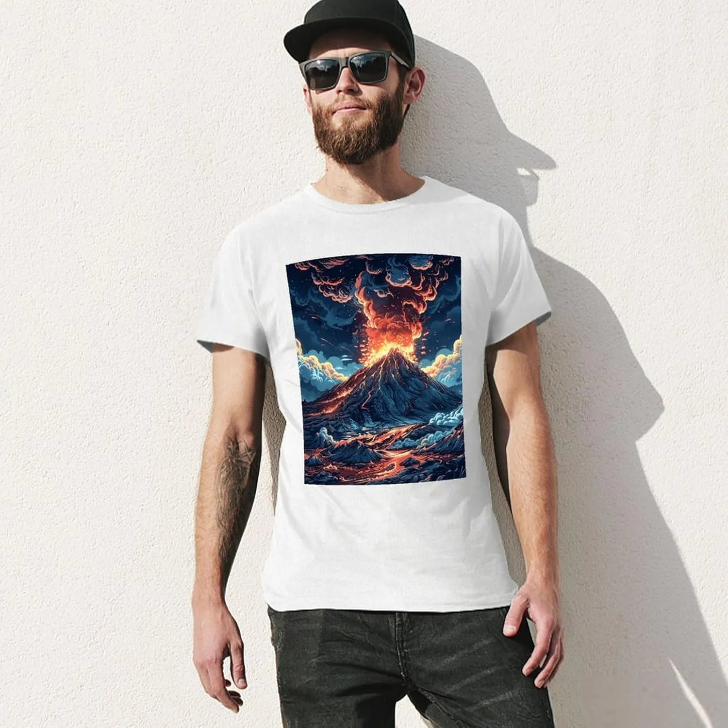 T Shirts Depicts A Volcano Short Sleeve for Men Crewneck Tees Trendy Lightweight Casual Summer Tees White