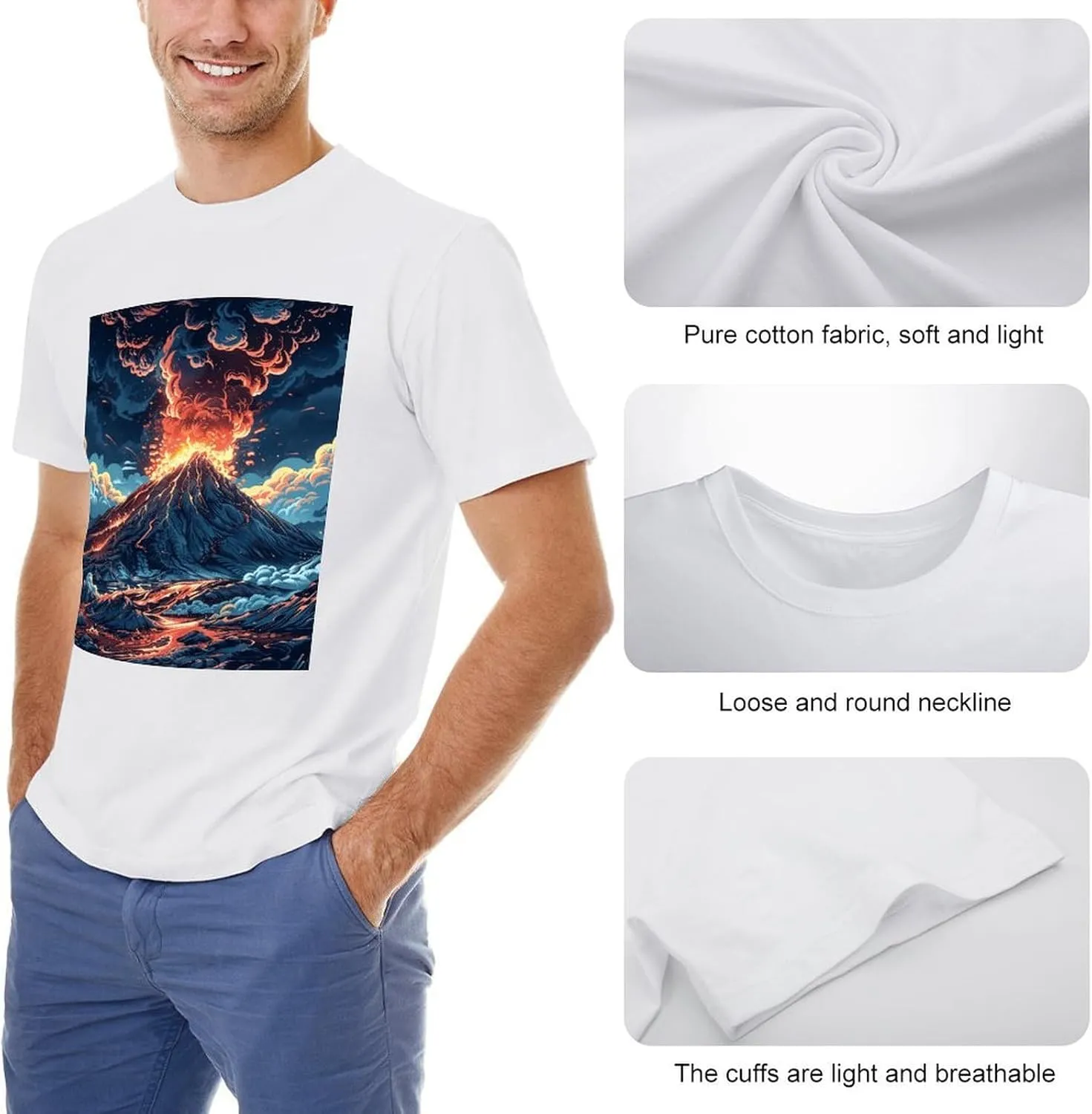 T Shirts Depicts A Volcano Short Sleeve for Men Crewneck Tees Trendy Lightweight Casual Summer Tees White