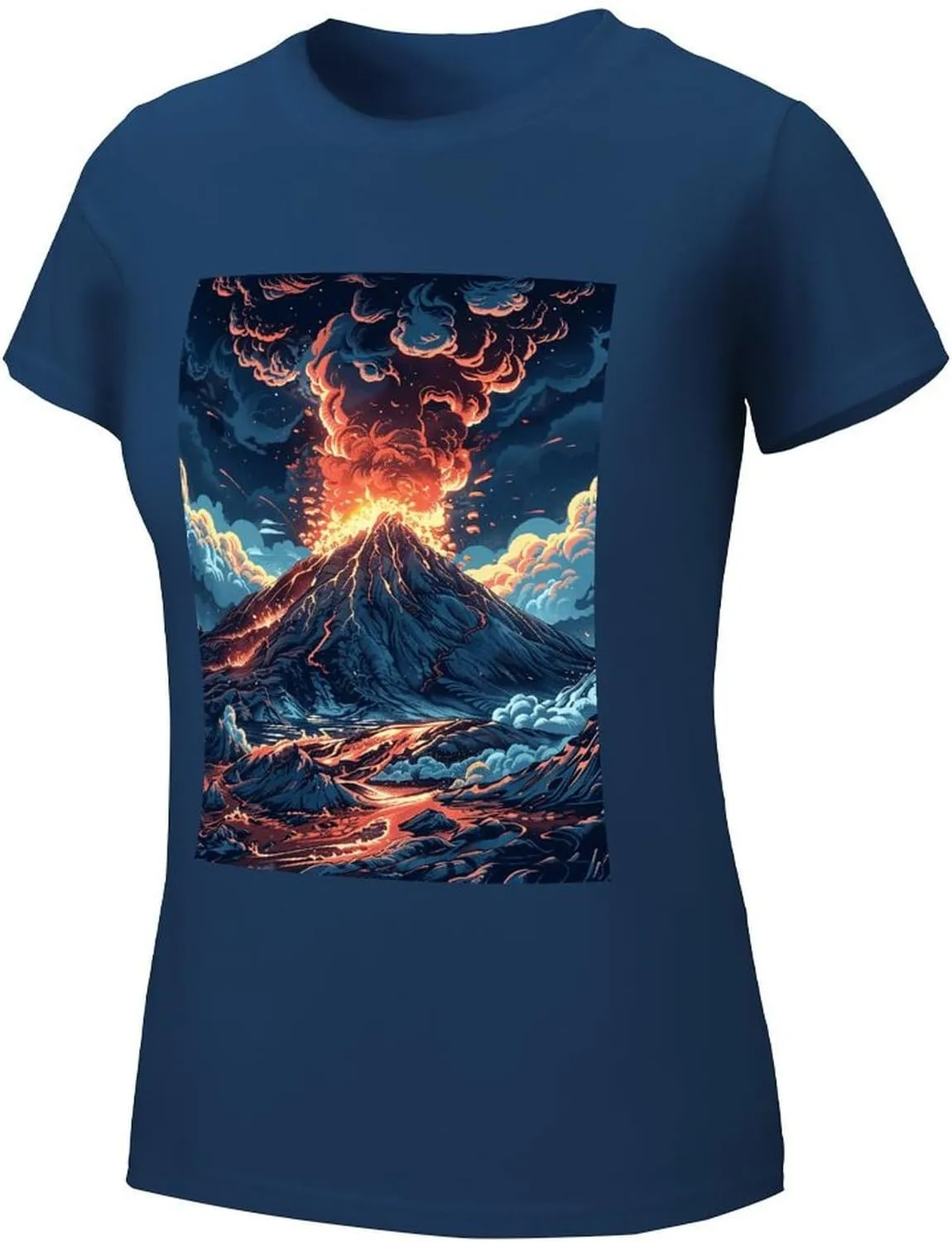 T Shirts Depicts A Volcano Short Sleeve for Women Crewneck Tees Trendy Lightweight Casual Summer Tees Navy