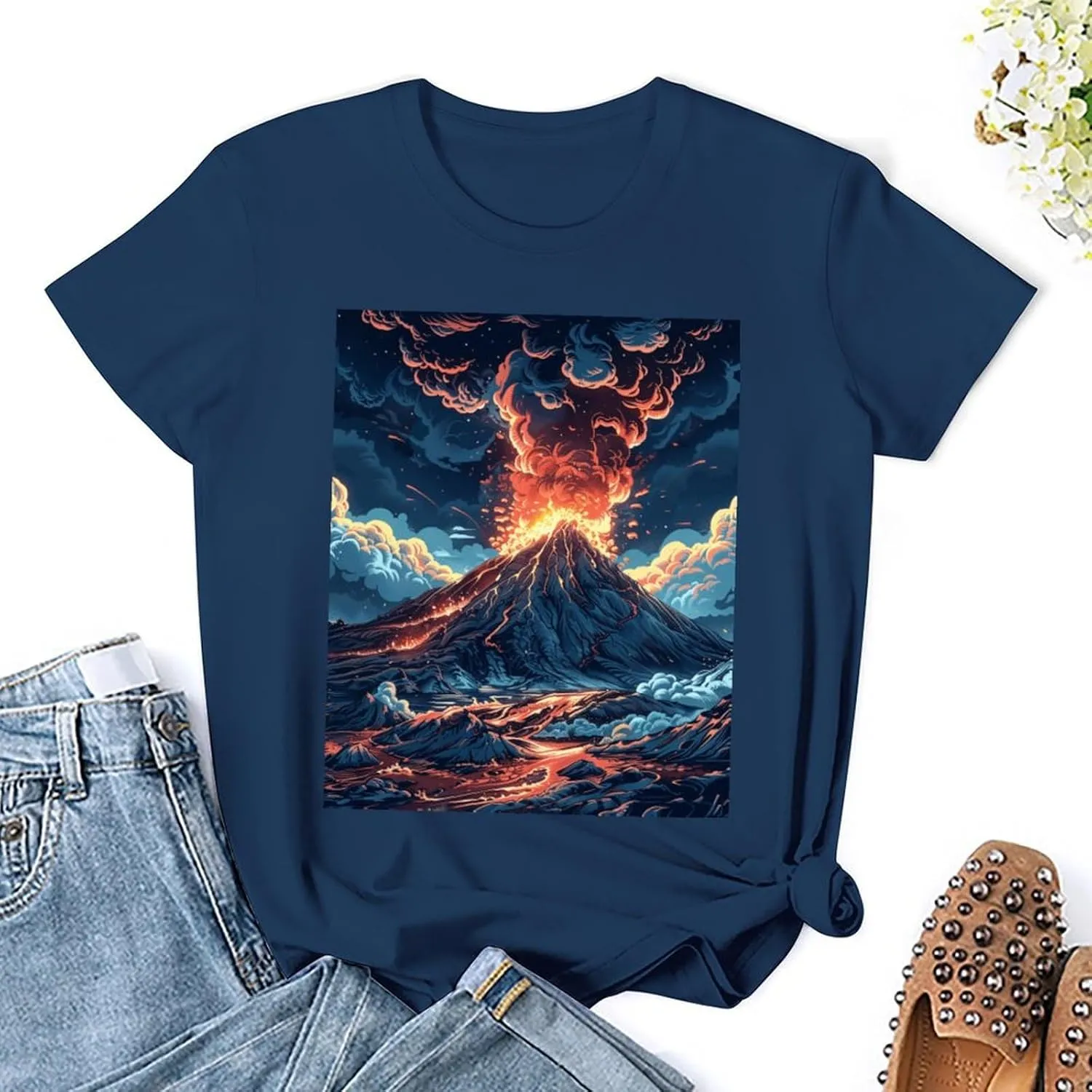 T Shirts Depicts A Volcano Short Sleeve for Women Crewneck Tees Trendy Lightweight Casual Summer Tees Navy