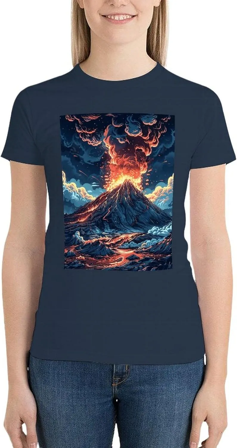 T Shirts Depicts A Volcano Short Sleeve for Women Crewneck Tees Trendy Lightweight Casual Summer Tees Navy