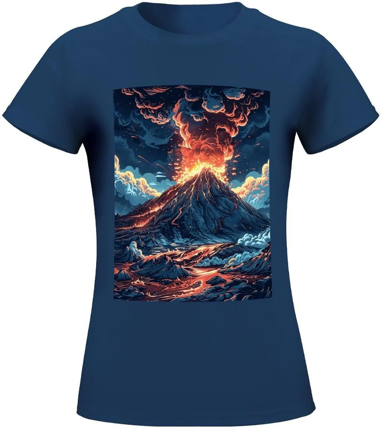 T Shirts Depicts A Volcano Short Sleeve for Women Crewneck Tees Trendy Lightweight Casual Summer Tees Navy