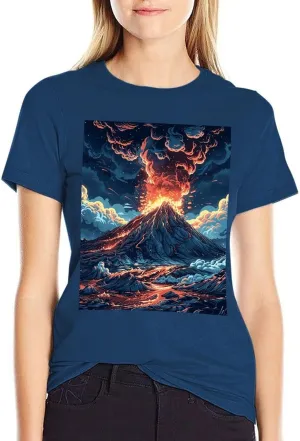 T Shirts Depicts A Volcano Short Sleeve for Women Crewneck Tees Trendy Lightweight Casual Summer Tees Navy