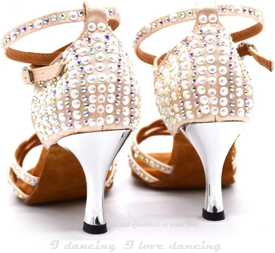 TDA Women's Open Toe Pearl Rhinestones Satin Cut-out Salsa Tango Prom Latin Modern Dance Shoes Wedding Praty Sandals