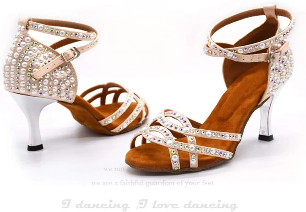 TDA Women's Open Toe Pearl Rhinestones Satin Cut-out Salsa Tango Prom Latin Modern Dance Shoes Wedding Praty Sandals