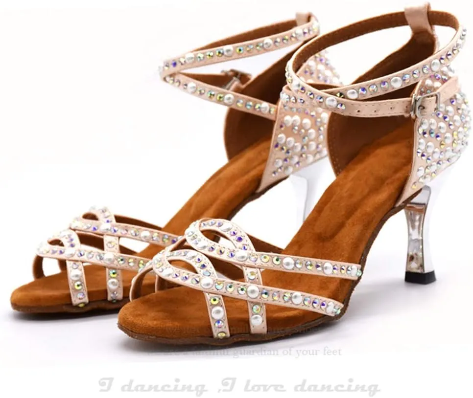 TDA Women's Open Toe Pearl Rhinestones Satin Cut-out Salsa Tango Prom Latin Modern Dance Shoes Wedding Praty Sandals