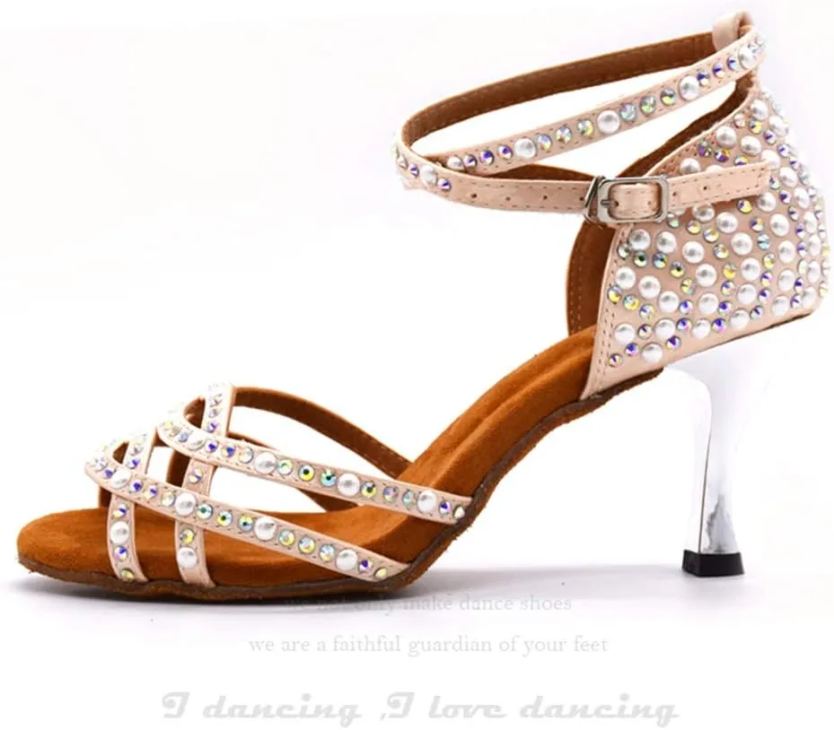 TDA Women's Open Toe Pearl Rhinestones Satin Cut-out Salsa Tango Prom Latin Modern Dance Shoes Wedding Praty Sandals