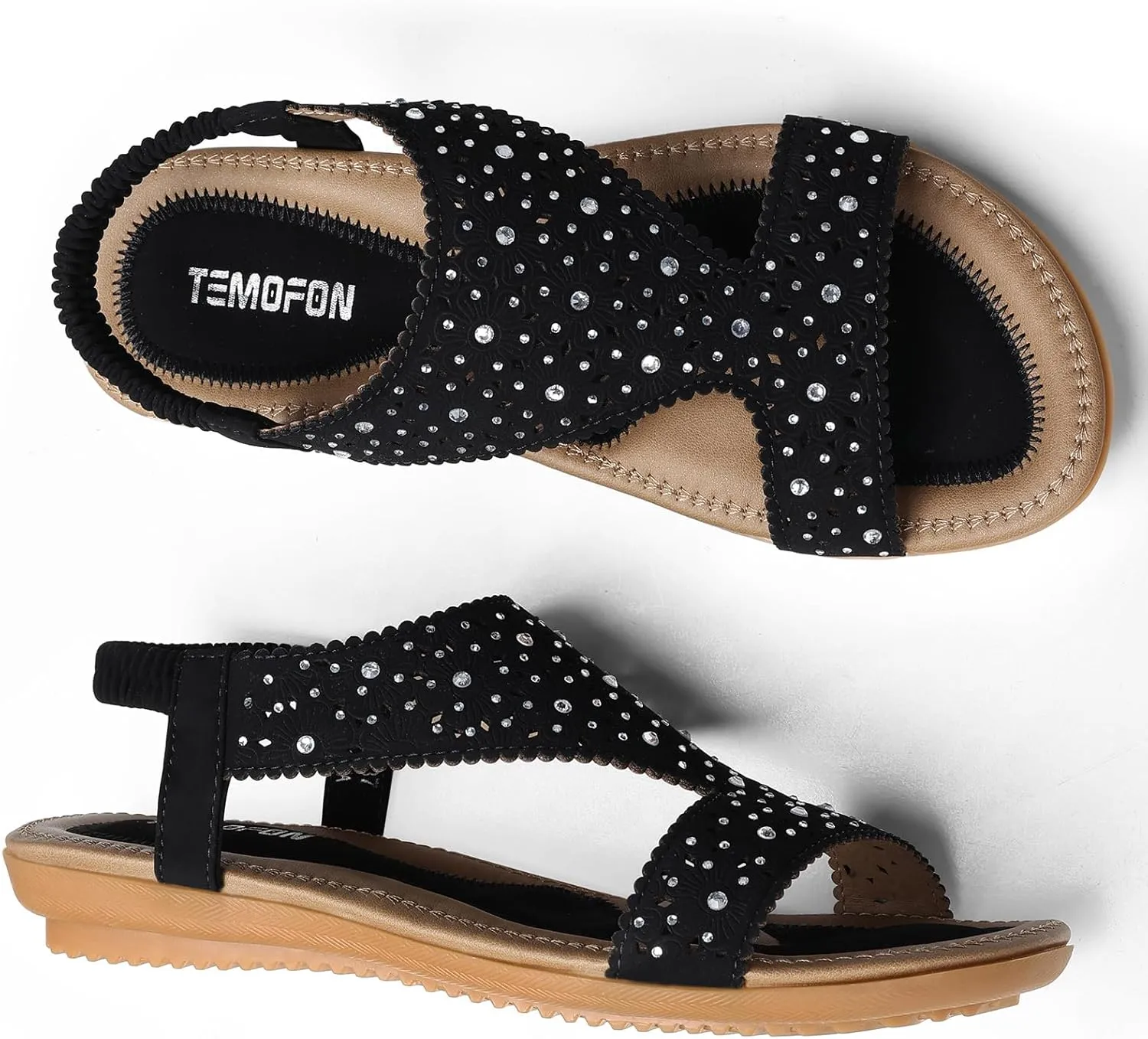 TEMOFON Flat Sandals for Women Dressy: Summer Open Toe Elastic Ankle Strap Sandals Woman - Comfortable Walking Wide Non Slip Flats