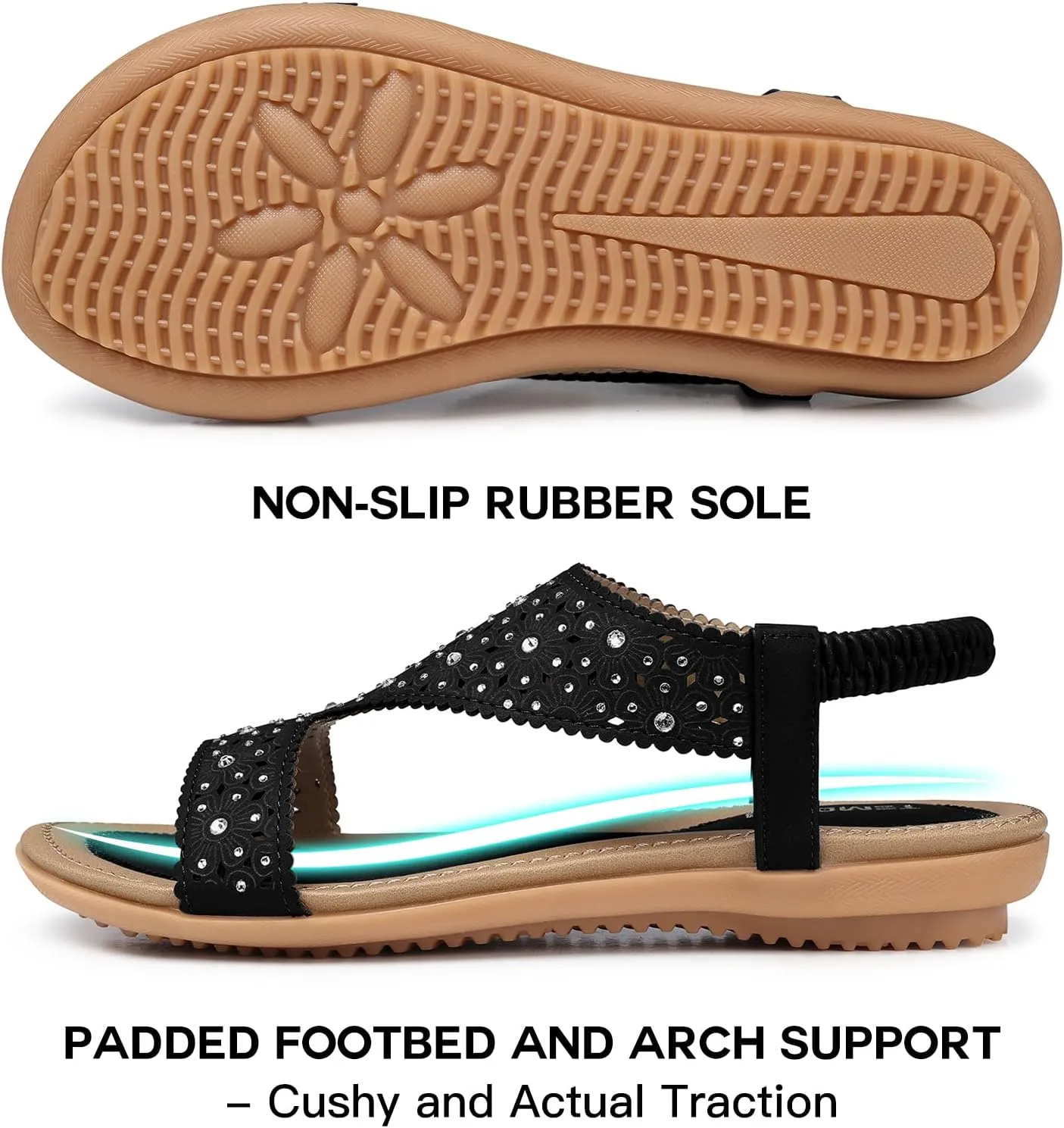 TEMOFON Flat Sandals for Women Dressy: Summer Open Toe Elastic Ankle Strap Sandals Woman - Comfortable Walking Wide Non Slip Flats