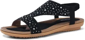 TEMOFON Flat Sandals for Women Dressy: Summer Open Toe Elastic Ankle Strap Sandals Woman - Comfortable Walking Wide Non Slip Flats