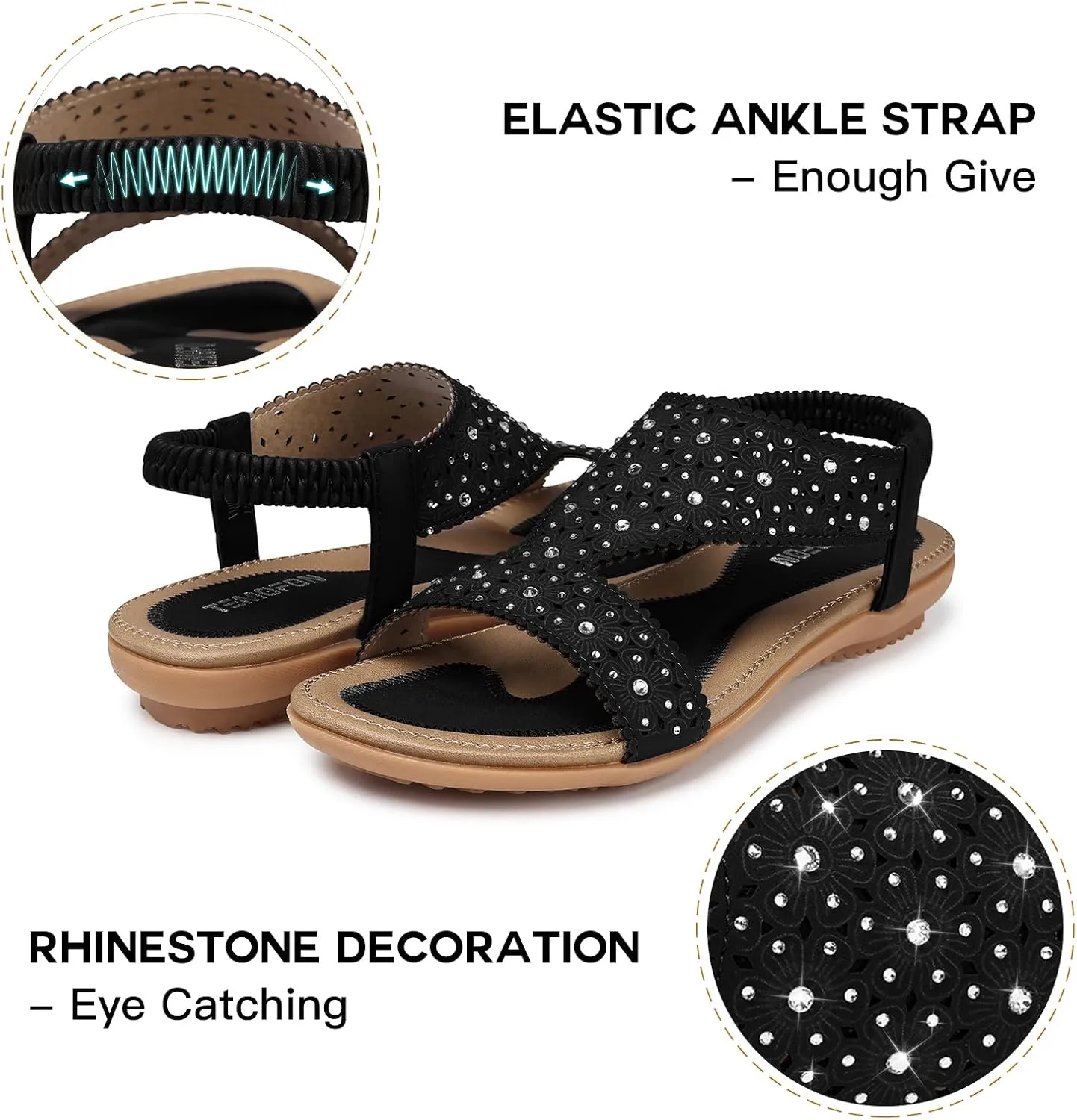 TEMOFON Flat Sandals for Women Dressy: Summer Open Toe Elastic Ankle Strap Sandals Woman - Comfortable Walking Wide Non Slip Flats