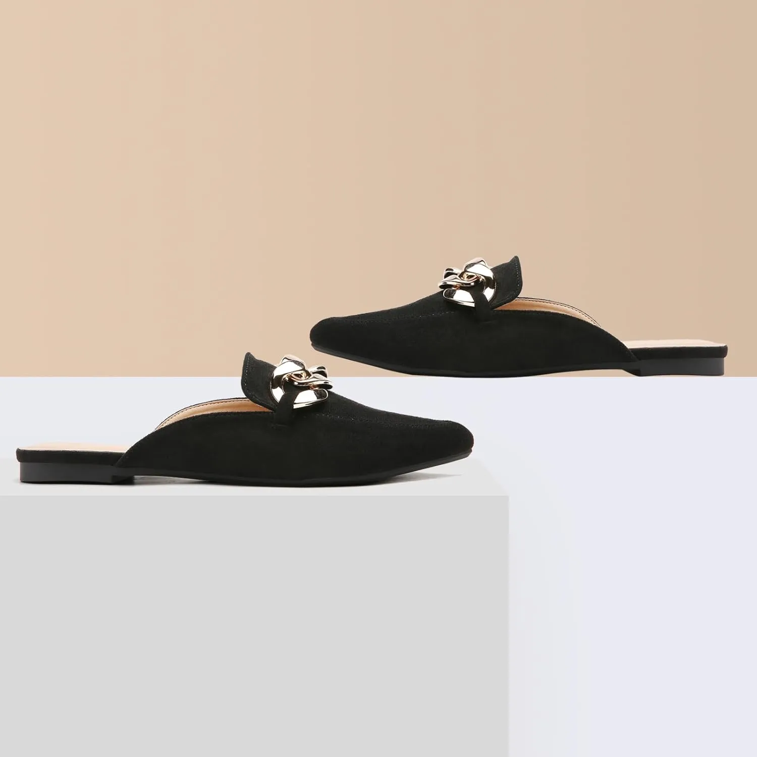 Tilocow Mules for Woman - Flats Shoes Women Dressy Comfortable Mules Metal Chain Slip Ons Backless Loafers Fashion 2023 Shoes