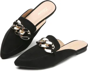 Tilocow Mules for Woman - Flats Shoes Women Dressy Comfortable Mules Metal Chain Slip Ons Backless Loafers Fashion 2023 Shoes
