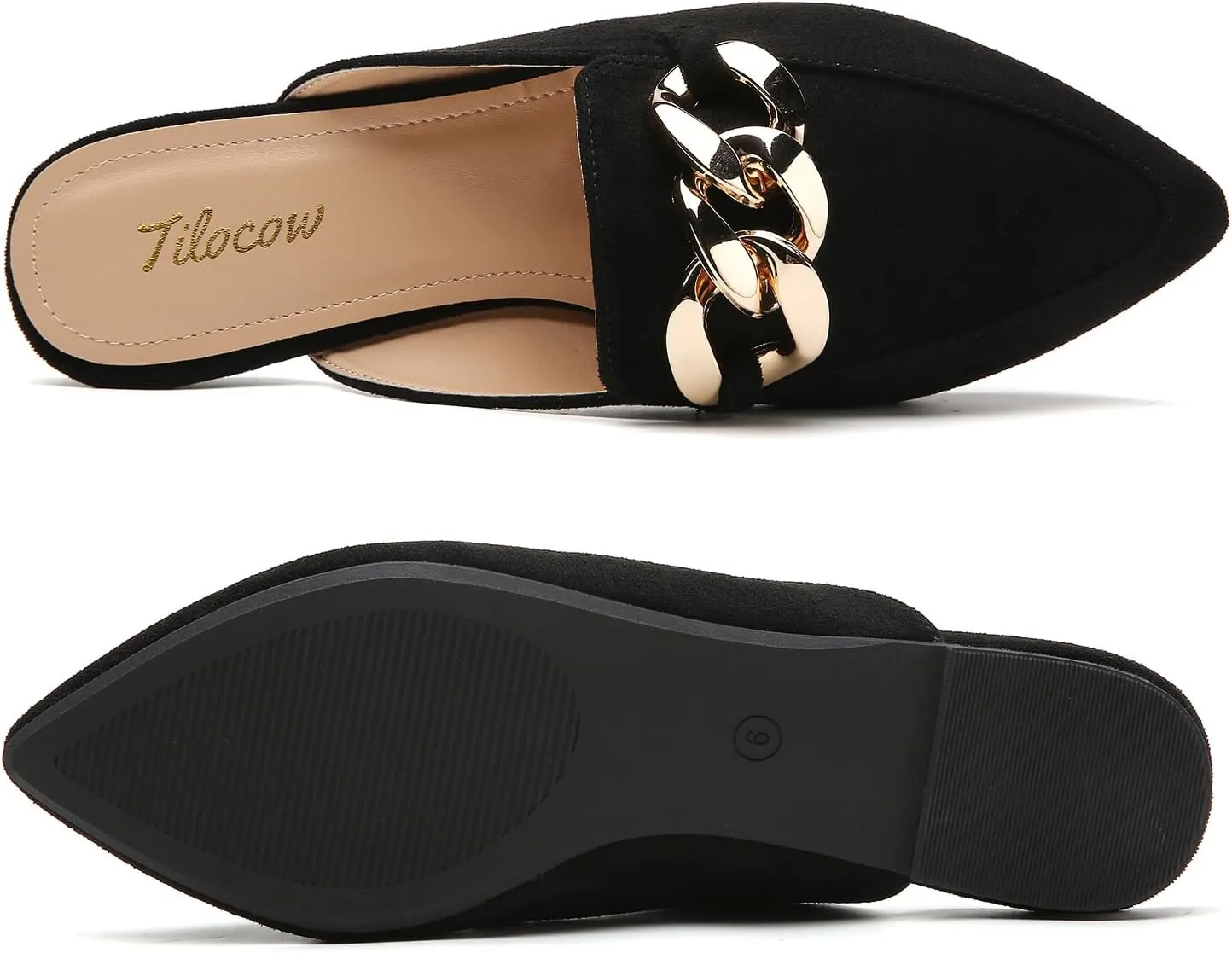Tilocow Mules for Woman - Flats Shoes Women Dressy Comfortable Mules Metal Chain Slip Ons Backless Loafers Fashion 2023 Shoes