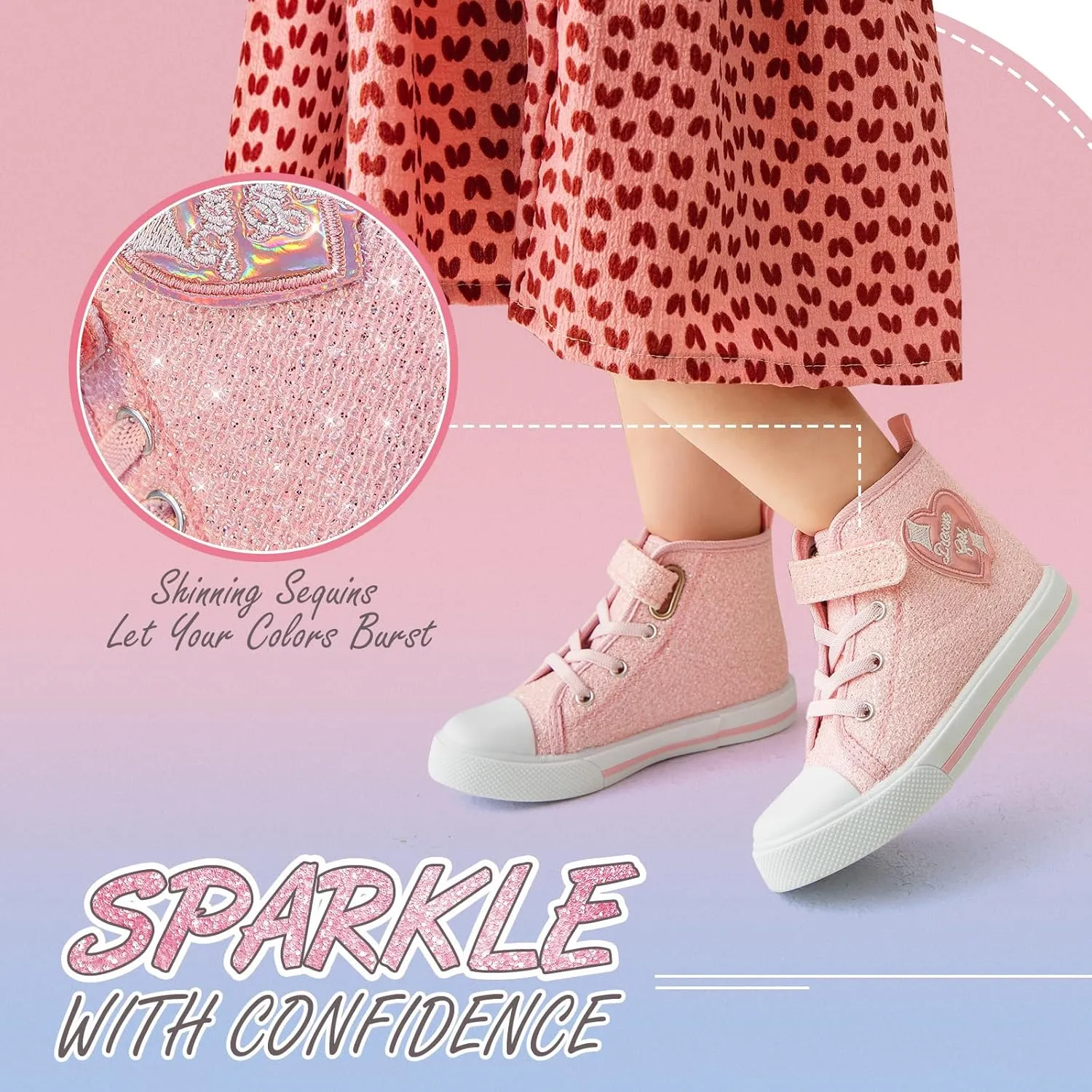 Toddler Girls Sneakers Kids High Top Casual Canvas Shoes with Sparkle Color Change Flipping Sequins