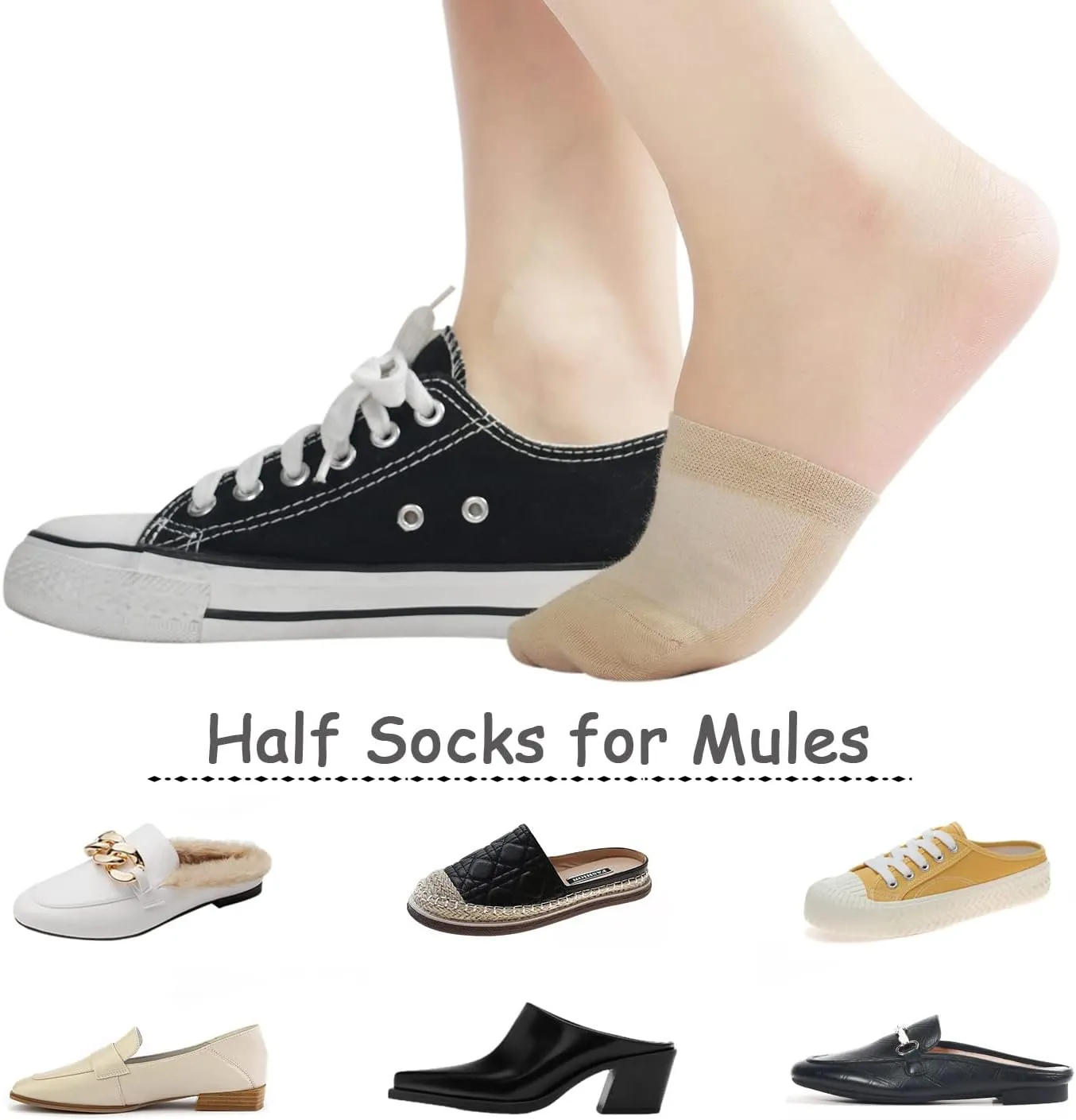 Toe Toppers No Show Liner Half Socks for Women Seamless Grip Non Slip Hidden Toe Covers for Mules 4/8 Pairs
