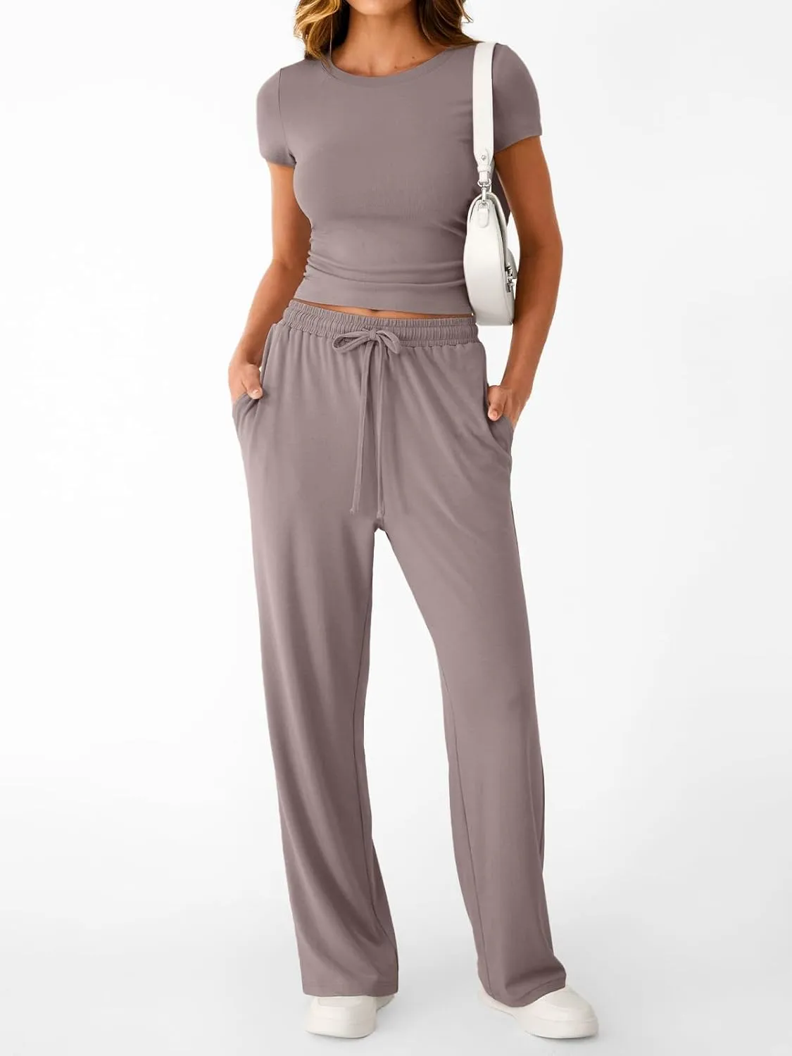 Trendy Queen 2 Piece Matching Summer Sweatsuit Lounge Set Womens Wide Leg Pants Side Ruching Crop Top Sets