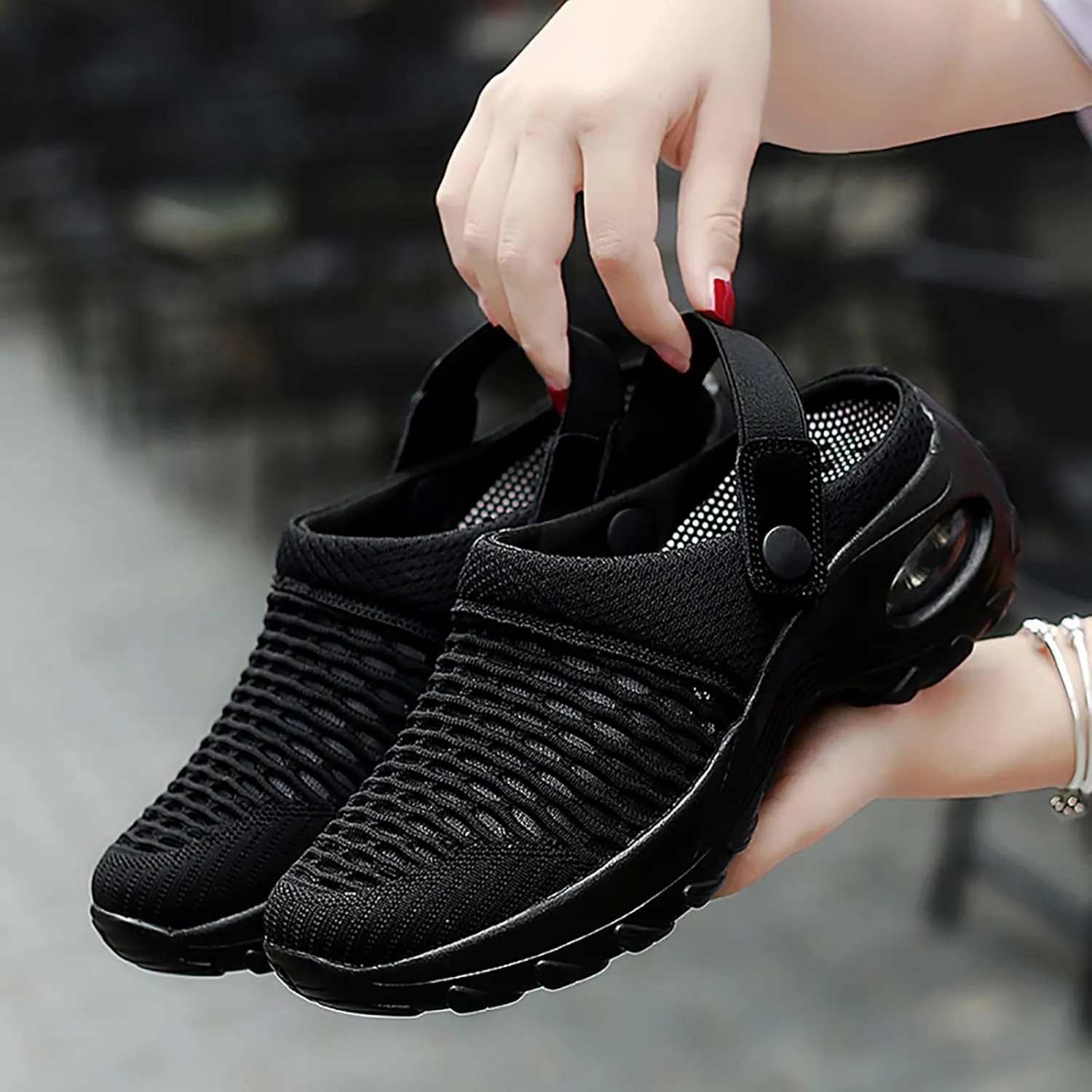 Trsorini Mules Clogs for Women Summer Air Cushion Platform Mesh Mules Sneaker Sandals for Female Lightweight Beach Shoes Outdoor Slippers Walking Shoes