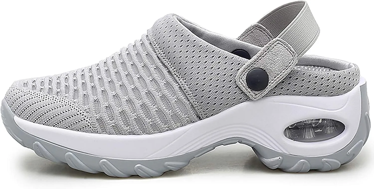 Trsorini Mules Clogs for Women Summer Air Cushion Platform Mesh Mules Sneaker Sandals for Female Lightweight Beach Shoes Outdoor Slippers Walking Shoes