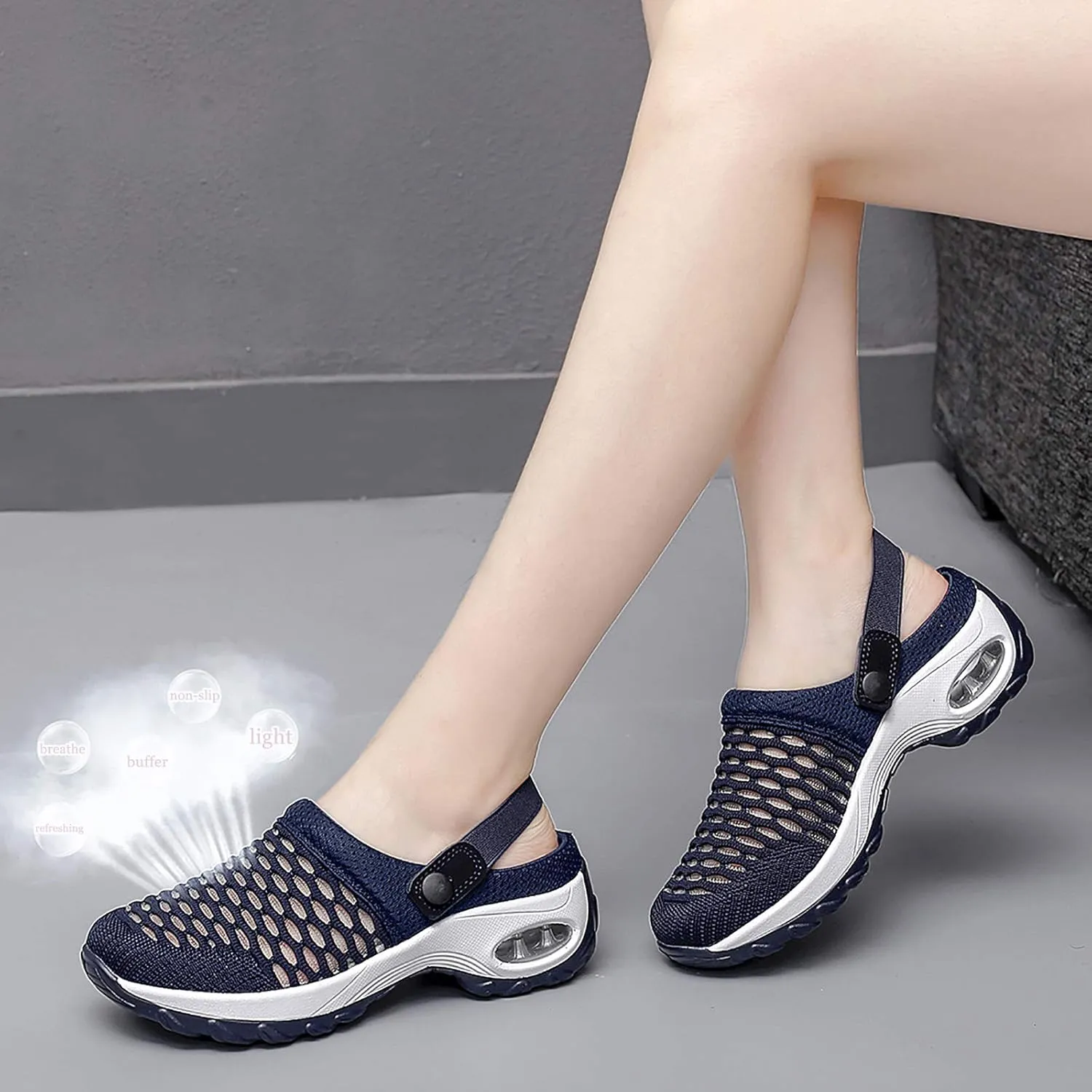 Trsorini Mules Clogs for Women Summer Air Cushion Platform Mesh Mules Sneaker Sandals for Female Lightweight Beach Shoes Outdoor Slippers Walking Shoes
