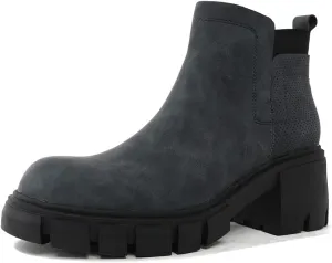 Tscoyuki Women's Chelsea Lug Sole Ankle & Bootie, Retro Round Toe Slip on Mid Chunky Heels Combat Ankle Boots for Women